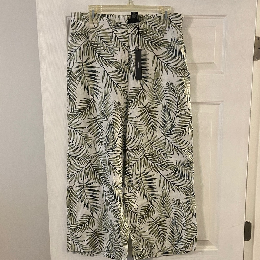 TAHARI 100%linen Leaf Print Wide-Leg Pants size L brand new inseam 24” waist 32”